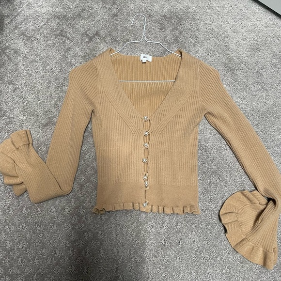 REVOLVE X LPA ELIANNA CARDIGAN SMALL PEARL RHINESTONE BUTTON CLOSURE RUFFLE HEM - Picture 2 of 6